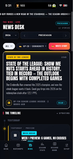 FSN News Desk — a live wire of league stories with a lead 'State of the League' feature and a running timeline